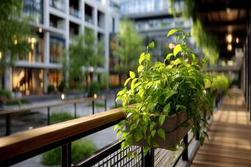 Naklejka premium Plant box on a rail with a transparent background in outdoor setting.