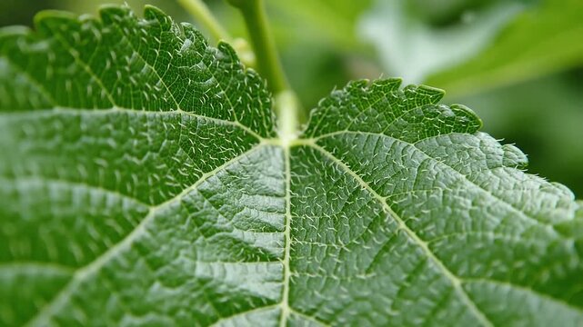Close up of a vibrant green leaf with intricate vein patterns and serrated edges.