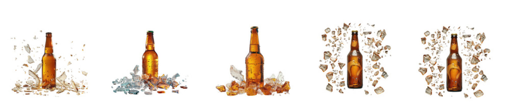 A sequence depicting a glass bottle shattering into fragments illustrating impact and destruction on transparent background