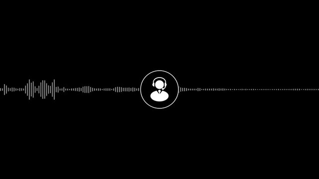 Voice support waveform with headset user icon. Audio communication signal line for customer service and call assistance. Sound visualization element for digital contact systems.