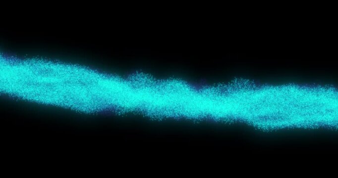A diagonal cyan-blue particle stream sweeps across a deep black canvas, emitting a soft glow and cinematic energy for tech promos and immersive intros