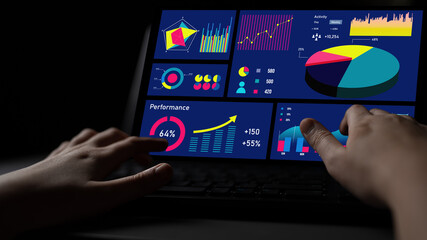 A close-up view of a laptop screen showcasing various performance metrics and visually engaging graphs, demonstrating data analysis for informed business decisions. Impute