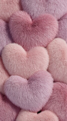 Soft fur hearts in pink are organized closely. This arrangement creates a warm and festive look for Valentine's Day. The hearts are made to add charm to the celebration.