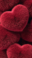 Soft fur hearts in deep red are organized closely. This arrangement creates a warm and festive look for Valentine's Day. The hearts are made to add charm to the celebration.
