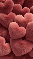 Soft fur hearts in deep red are organized closely. This arrangement creates a warm and festive look for Valentine's Day. The hearts are made to add charm to the celebration.