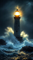 Fototapeta premium stormy night lighthouse beam cutting rain and crashing waves
