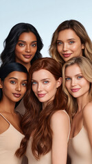 Women standing close together with different hair colors and complexions smiling warmly symbolizing diversity inclusion friendship and female solidarity