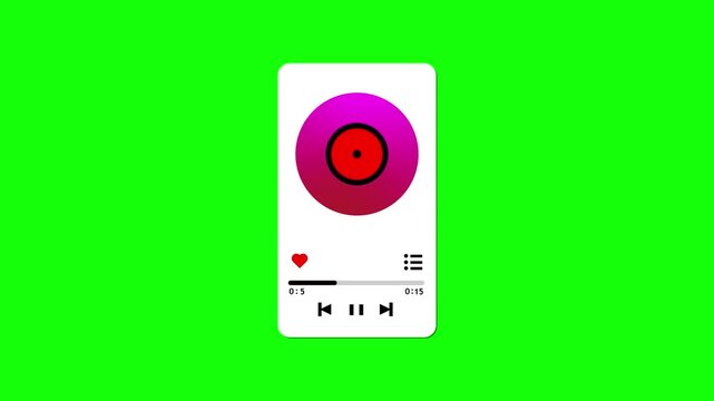 Music player interface animation with album disc and playback controls. Audio streaming screen layout for song listening and media control. Digital music player element application and device