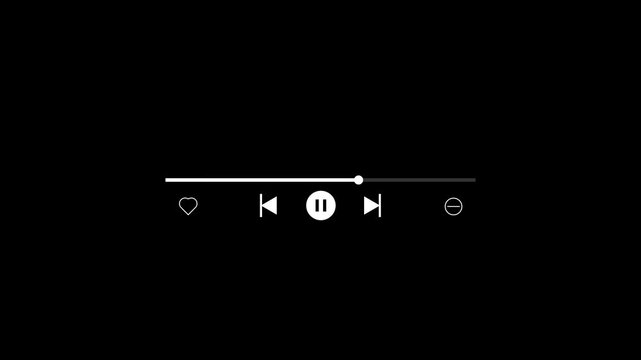 Media control bar animation with play pause and navigation icons. Audio video playback interface for timeline and track control. Digital player element for application and device screen use.