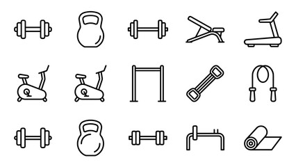 Obraz premium Minimalist fitness gym equipment line icons set. Dumbbells, kettlebell, treadmill, exercise bike, bench, jump rope, yoga mat. Simple outline vector design for sport and workout illustration.