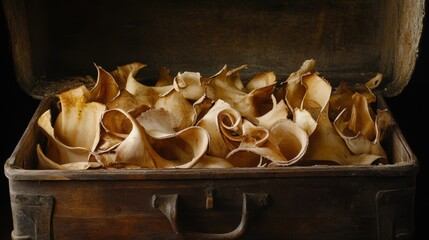 A close up view of aged and peeling leather scraps with a curled texture piled inside a vintage wooden chest