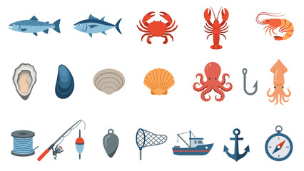 Minimalistic seafood and fishing vector icons set. Marine life illustration with fish, crab, lobster, shrimp, oyster, octopus, squid, seashells, fishing tools, boat, and anchor on white background.