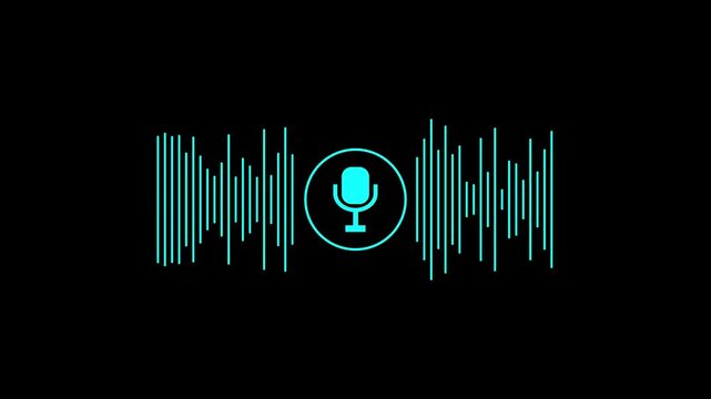 Microphone centered audio waveform animation for voice recording. Sound signal visualization for speech capture and live input concept. Digital voice pattern for recording and communication