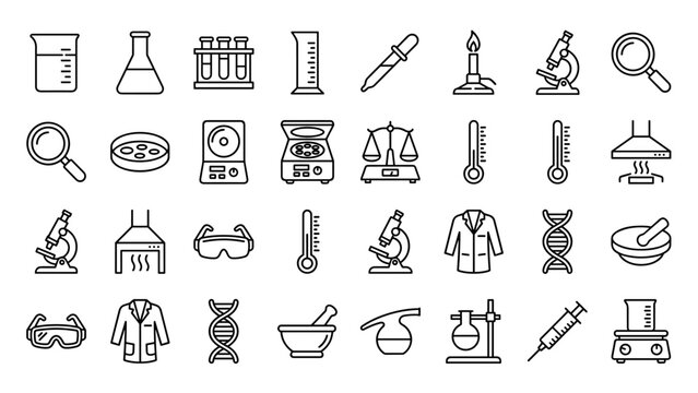 Science laboratory equipment line icons set. Minimalist scientific tools collection. Chemistry and biology lab instruments outline symbols. Microscope, beaker, flask, DNA, and test tubes illustration.