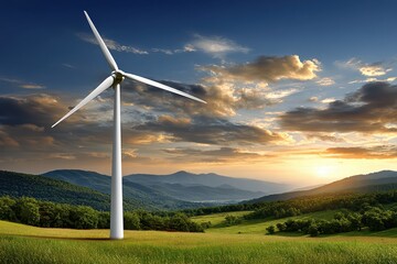 Obraz premium Wind Turbine on field with a transparent background at golden sunset.