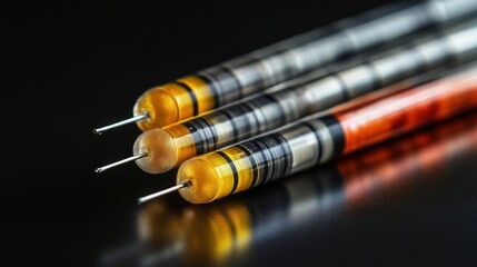 A close up view of a stack of three sterile disposable digital thermometers with reflective surfaces and dark background highlighting their precision components
