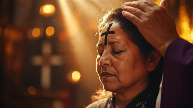 Devout woman receives ash cross on forehead during solemn Ash Wednesday religious service inside church, illuminated by spiritual light