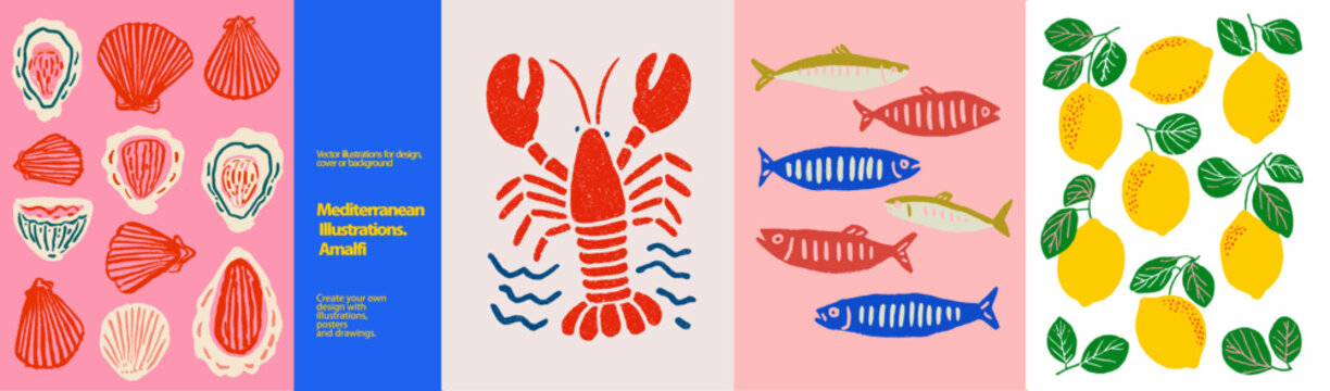 Mediterranean & Amalfi Coast Vector Art Set. Vibrant vector illustrations. Features graphic seafood (oysters, lobster, sardines) and fresh lemons, ideal for food, travel, and nautical designs.