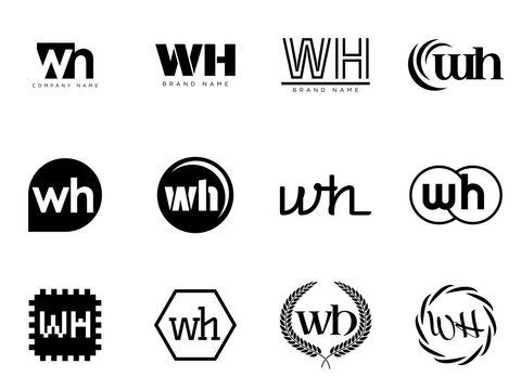 WH logo company template. Letter w and h logotype. Set different classic serif lettering and modern bold text with design elements. Initial font typography.