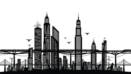 Obraz premium Modern futuristic cityscape silhouette showcasing sustainable technology and drone delivery transportation systems