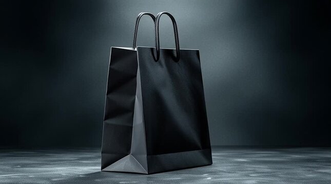 Black Paper Shopping Bag Mockup with Dark Background Product Design Generative AI