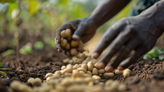 People gather peanuts from the soil in a field. The hands reach down to collect the nuts. The sun shines brightly. The environment shows signs of agricultural work