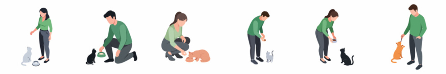Illustrated Minimalist People Interacting with Domestic Cat Set of Lifestyle Illustration