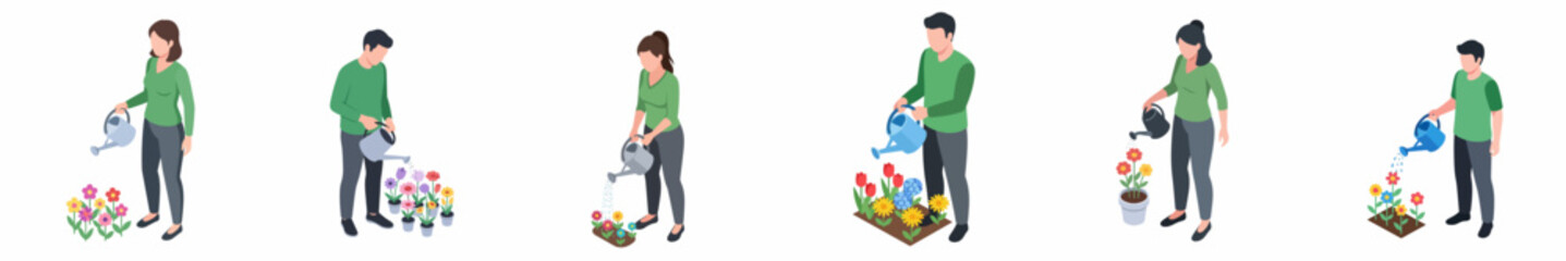 Isometric Style People Watering Plants with Watering Can Gardening Illustration © Hurricanne