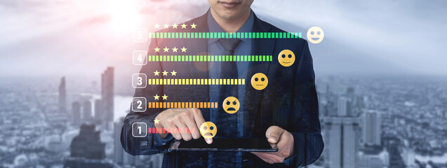 A customer satisfaction feedback and five star rating system. A concept for service review, product...