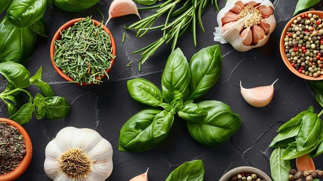 Fresh herbs and spices are laid out on a dark surface. Basil leaves, garlic bulbs, and containers of various dried herbs are present. This scene highlights ingredients for cooking