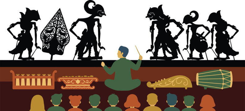 Traditional Indonesian wayang kulit shadow puppet performance showing dalang puppeteer manipulating figures with gamelan orchestra instruments and audience watching java cultural show.