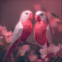 A pair of origami birds sit close to each other. Pink paper forms their bodies while delicate flowers surround them. This scene captures the essence of love and creativity on Valentine's Day.