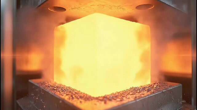 NdFeB sintering process captured in slow motion showing powder compressing and glowing as it fuses into solid block