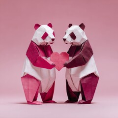 A panda couple made from origami holds a heart between them. Both pandas feature white, pink, and red colors. This art captures the spirit of Valentine's Day in a fun way.