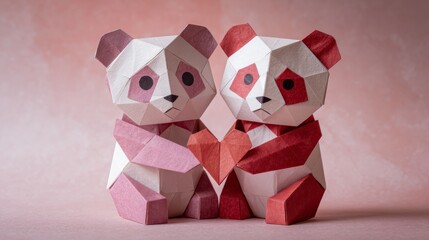 A panda couple made from origami holds a heart between them. Both pandas feature white, pink, and red colors. This art captures the spirit of Valentine's Day in a fun way.