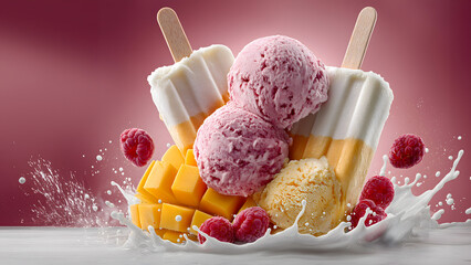 Ice pop and ice cream with fruits to cool us down during the summer