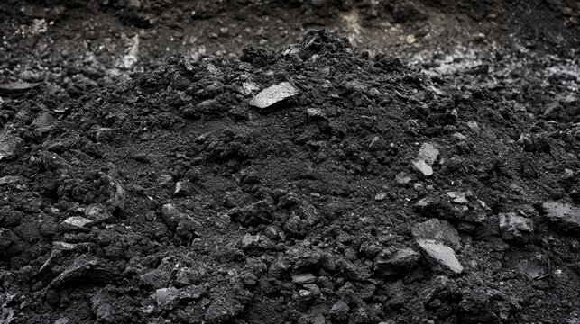 A close-up view of a large pile of black coal or charcoal with a rough granular texture