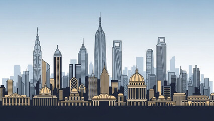 Fototapeta premium Illustration of a large city skyline with tall skyscrapers and buildings