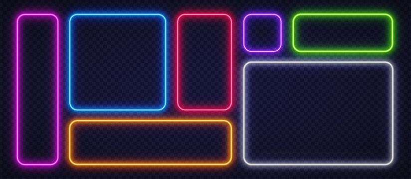 Multicolor neon frames glowing on a transparent background. Bright futuristic layout in pink, blue, red, green, orange, and white for modern digital designs.