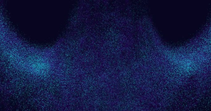 A dense field of blue-cyan particles forms a sweeping cosmic cloud across a dark backdrop, with glowing specks and a soft, atmospheric glow