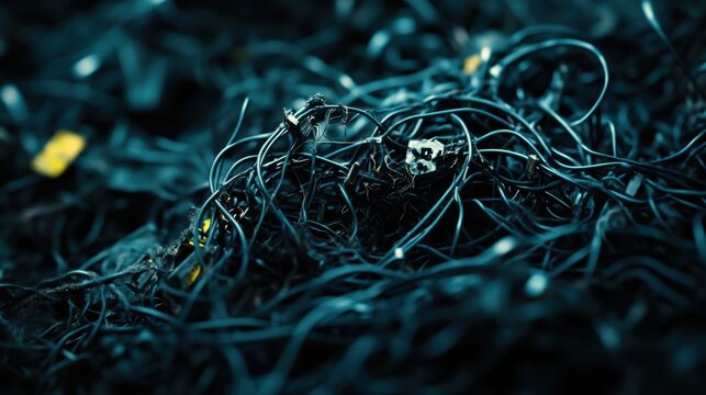 A close up view of tangled and severed communication cables lying in a dark heap with frayed insulation and a metallic gleam.