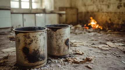 Two old metal cooking stoves with a fire burning in the background inside an abandoned dusty room