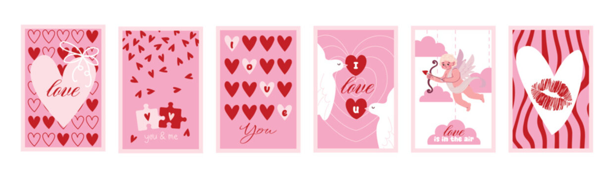 Valentines day romantic Posters Set. Romantic Love Phrase, Trendy Playful style. 14 February greeting cards templates with decorative hearts and  love quotes. Perfect for greeting cards and prints