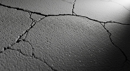 Monochrome image displaying cracked asphalt texture, highlighting deterioration, imperfection, and surface damage, useful for demonstrating fragility concepts