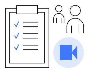 Task management, teamwork, video calls, digital communication, online collaboration, project planning. A checklist with checkmarks, user profiles and a video camera icon. Task management