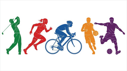 Obraz premium Sports Athlete Silhouette Set – Vector Collection of Running, Soccer, Hockey, Volleyball, Basketball, Rugby, Baseball, American Football, Cycling, and Golf 