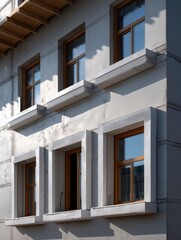 Fototapeta premium Modern Construction Facade with Concrete Walls and Windows - Exterior Building Detail, Architectural Detail, New Home Construction