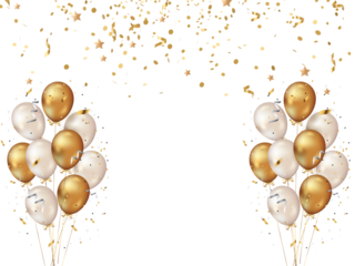 golden party balloons with confetti isolated on a transparent background.