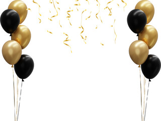 Black and gold balloons with confetti details on a white background, festive celebration concept.