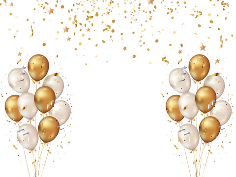 golden party balloons with confetti isolated on a transparent background.